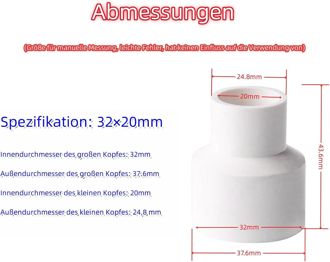 Reduzierstücke von 32mm auf 20mm, Adapter, PVC-Adapter für Abgasrohre, Abflüsse, Regenwassernutzungs