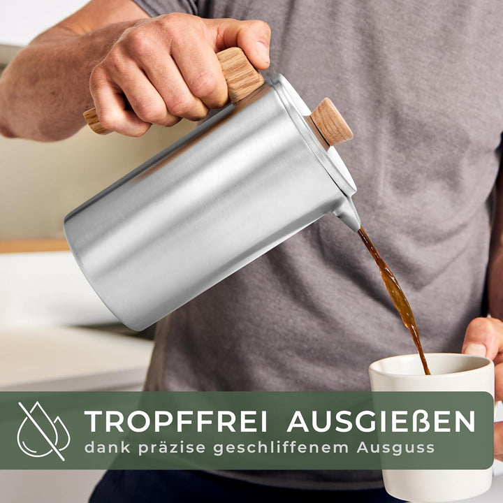 WALDWERK French Press (1L) - Kaffeebereiter aus doppelwandigem Edelstahl mit Holzgriff aus Eichenh