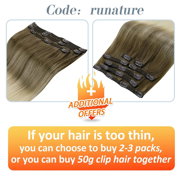 RUNATURE Echthaar Extensions Clip Balayage Braun Blond Clip in Extensions Echthaar 40cm Glatt Haarve