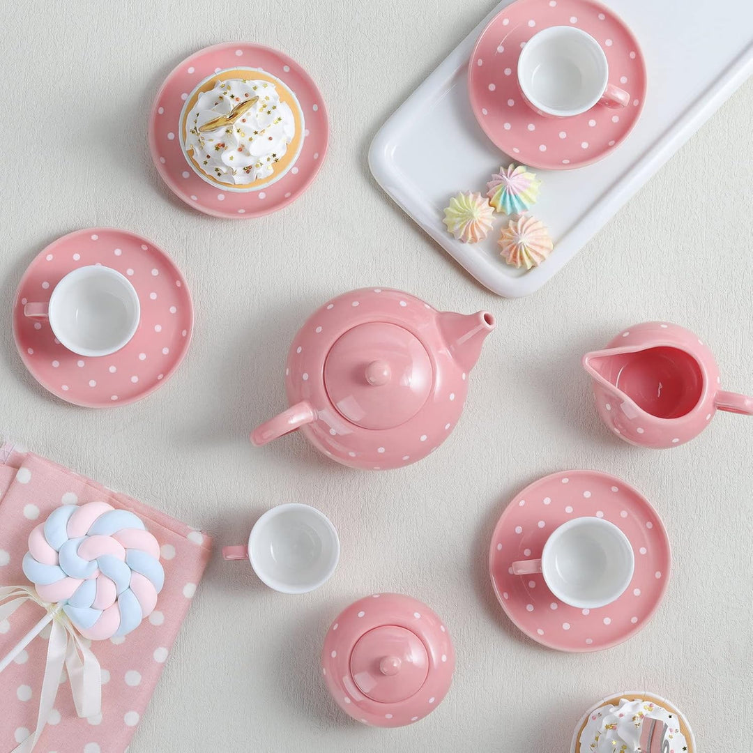 fanquare 12-teilig Porzellan Teeservice für Erwachsene, Mädchen, Rosa Polka Dot Tee Party Set mit Ta