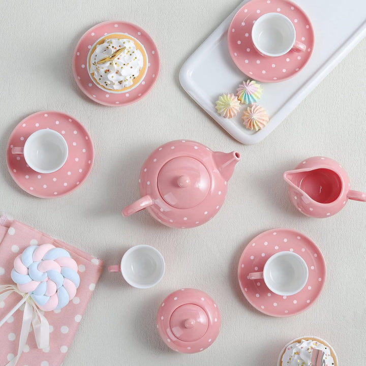 fanquare 12-teilig Porzellan Teeservice für Erwachsene, Mädchen, Rosa Polka Dot Tee Party Set mit Ta