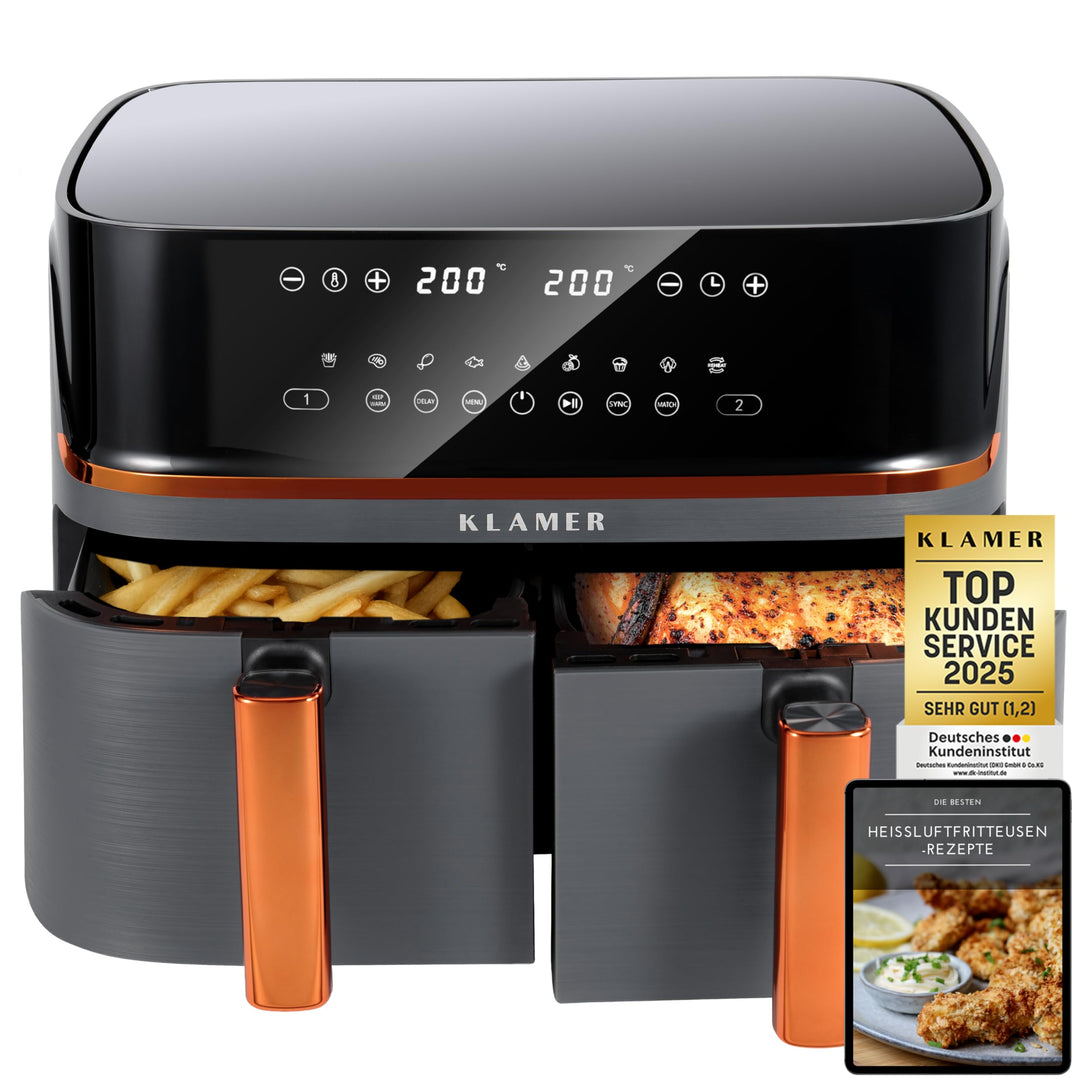 KLAMER Heissluftfritteuse Duo 9 L – Doppelkammer Airfryer mit 2 Körben & Digitaldisplay, 10 Automati