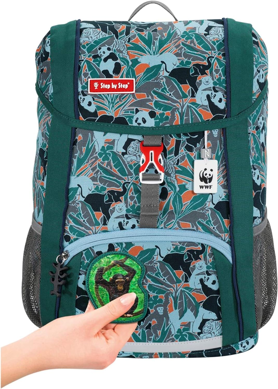 Step by Step Kid Rucksack-Set WWF „Monkeys“, 3-teilig, grün/schwarz/türkis, mit Reflektoren, ergonom
