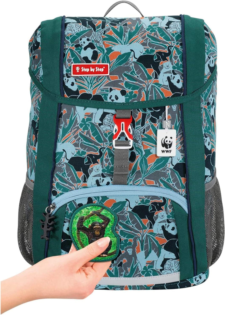 Step by Step Kid Rucksack-Set WWF „Monkeys“, 3-teilig, grün/schwarz/türkis, mit Reflektoren, ergonom