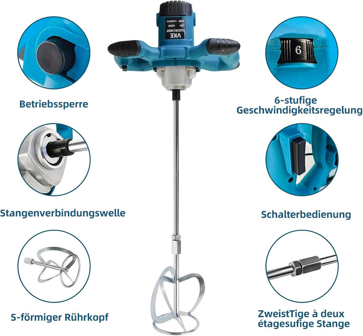 VKE Mörtelrührer, 2400W Rührwerk 6 Gang, Max. 1200 r/min Betonrührer mit Festdrehzahlknopf, Elektris