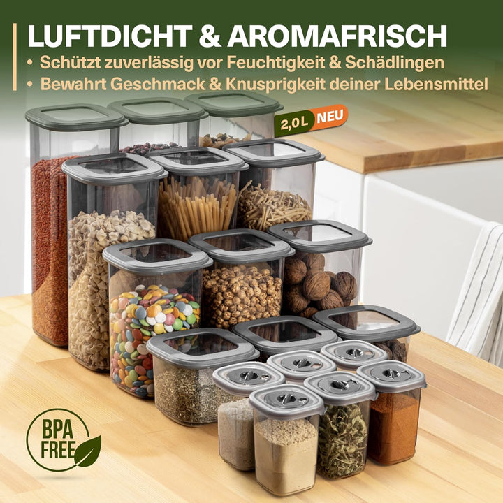 Vorratsdosen Set 18-teilig – inkl. 2,0L Spaghetti Box & 6 Gewürzdosen mit Dosierdeckel – stapelbare