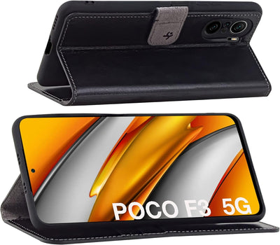 Suncase Book-Style Hülle kompatibel mit Xiaomi Poco F3 Leder Tasche (Slim-Fit) Lederhülle Handytasch