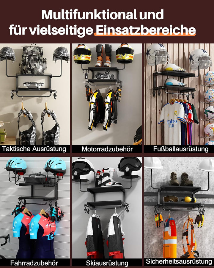 Motorradhelm Halterung Wand für 2 Helme, Motorrad Garderobe Wand mit Kleiderbügel und Haken, 30 kg T