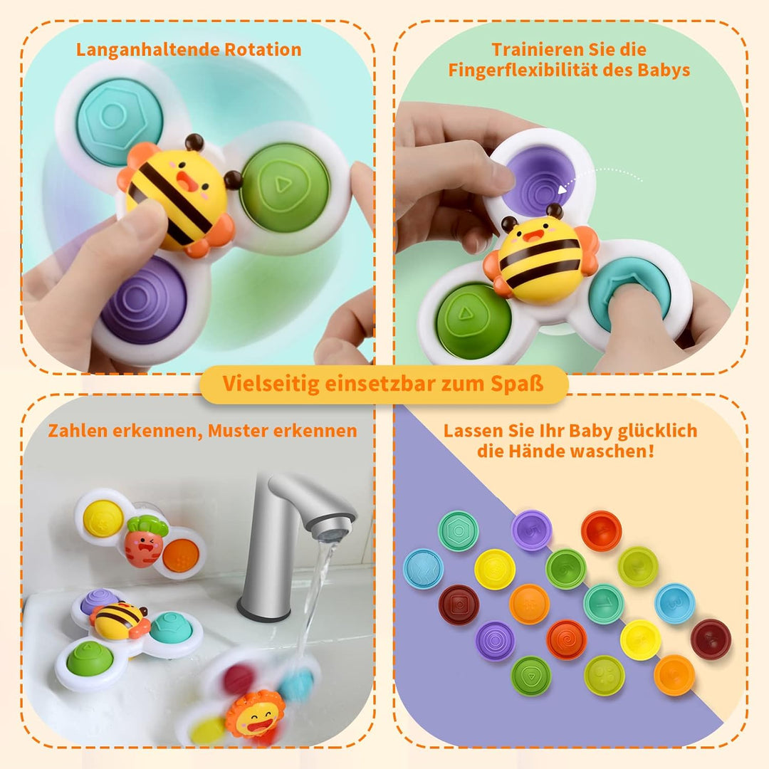 3 Stück Saugnapf Spielzeug, Sensorik Spielzeug Baby 1 Jahr Tisch-Saugnapf Spielzeug Kreisel Kinder B