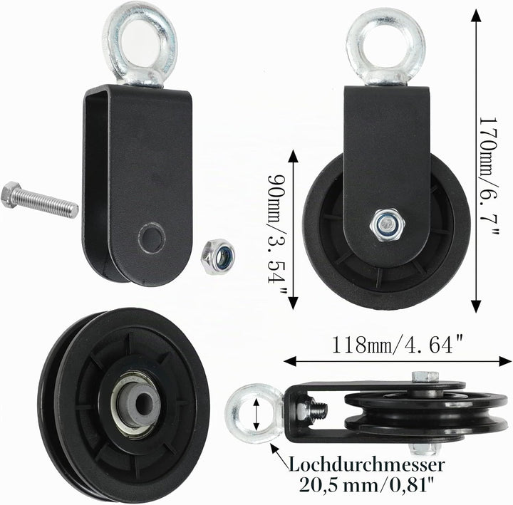 Gym Pulley System 90mm Pulley Wheel with 2 Hanging Strap Carabiner, Fitness Swivel Pulley Wheel for