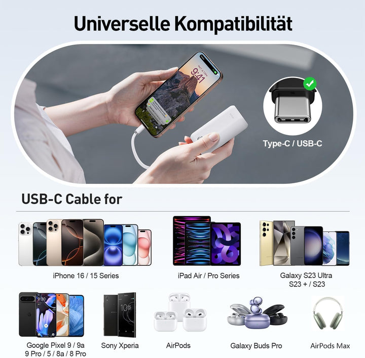 iWALK Mini Tragbares Ladegerät 10000 mAh, 22,5W USB-C Powerbank mit integriertem Kabel, Ultra-kompak