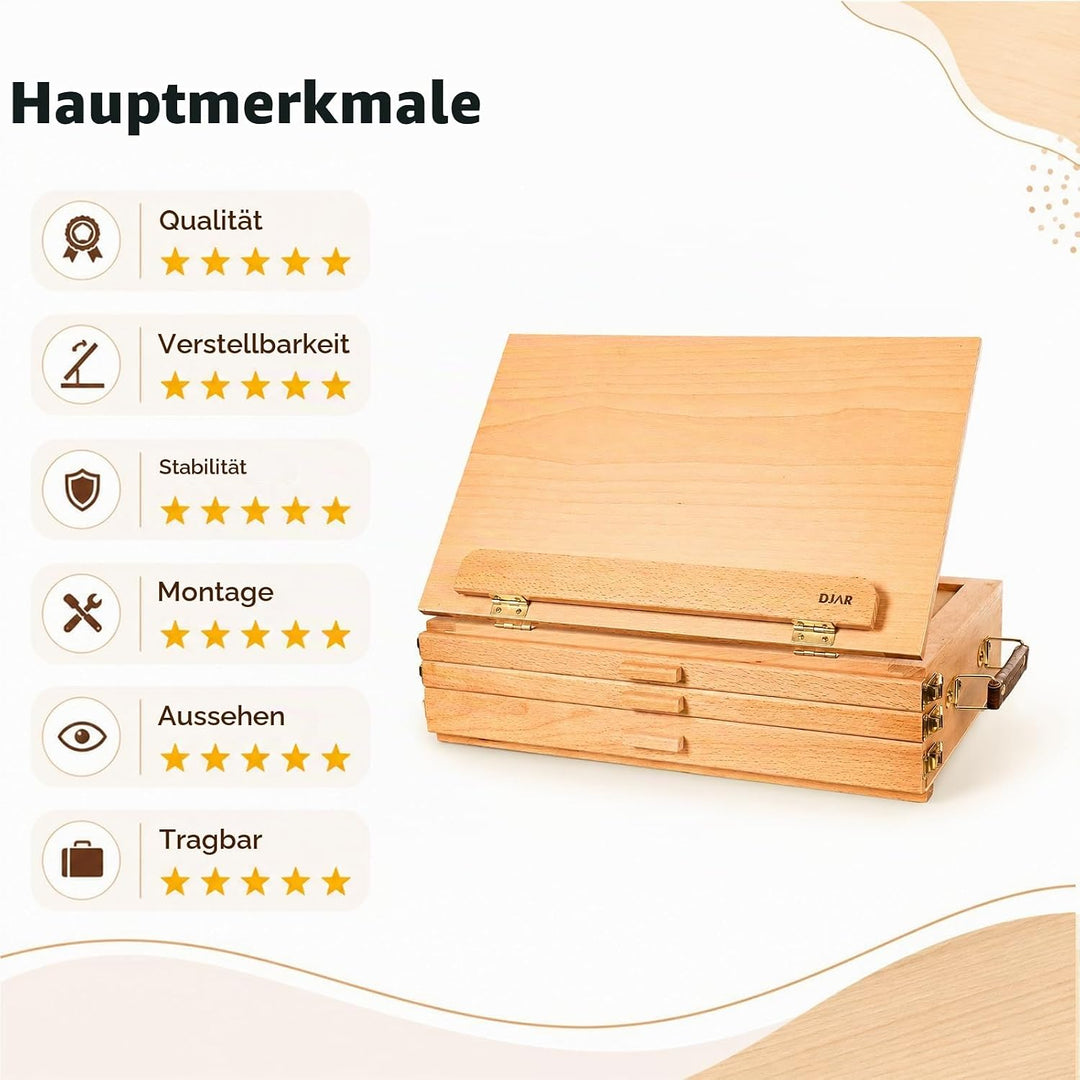 DJAR Tischstaffelei Holz mit 3 Schublade, Tisch-Skizzenbox aus Buchenholz, tragbare Künstler-Staffel