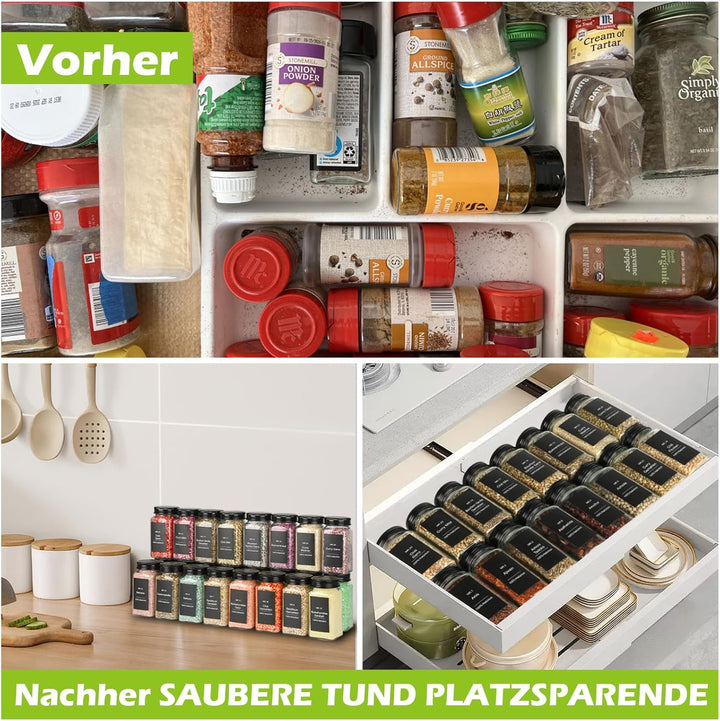 24er Set Gewürzgläser Eckig mit Streueinsatz - mit 324 Deutsch Wasserfeste Label - 120ml Luftdichte