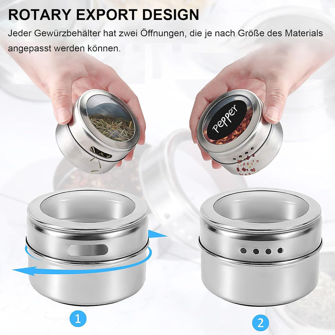 24 Stück Magnetische Gewürzdosen aus Edelstahl, Magnet Gewürz Aufbewahrung Dosen Set mit Transparent