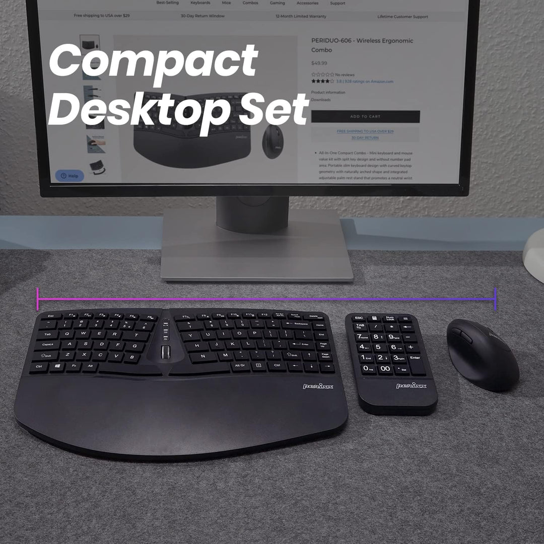 Perixx PERIDUO-606A, 3-in-1 Wireless Compact Ergonomic Keyboard mit vertikaler Maus und numerischem