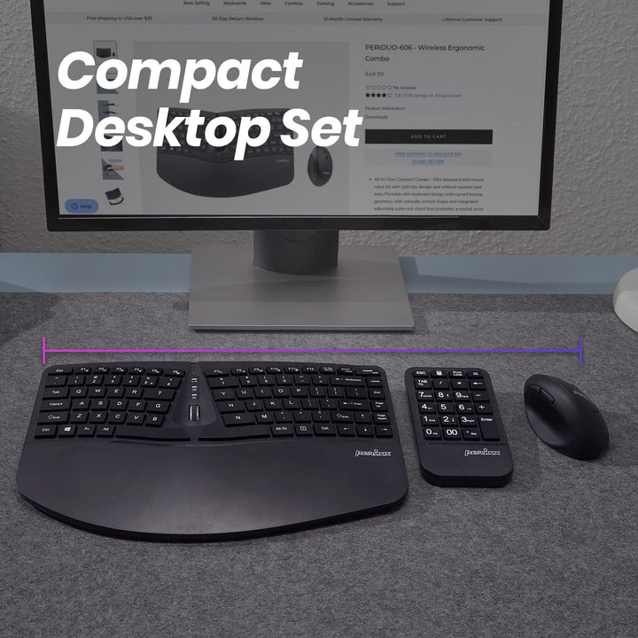 Perixx PERIDUO-606A, 3-in-1 Wireless Compact Ergonomic Keyboard mit vertikaler Maus und numerischem