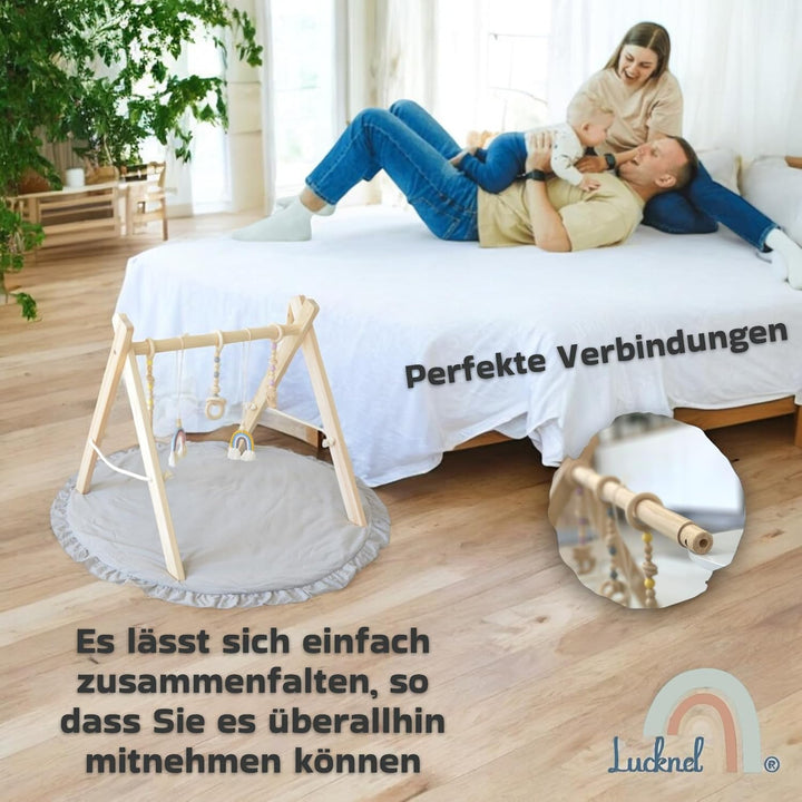Lucknel Montessori Spielbogen Baby aus Holz mit Spielmatte 90 cm – ab 3 Monate, 5 abnehmbare Hängesp
