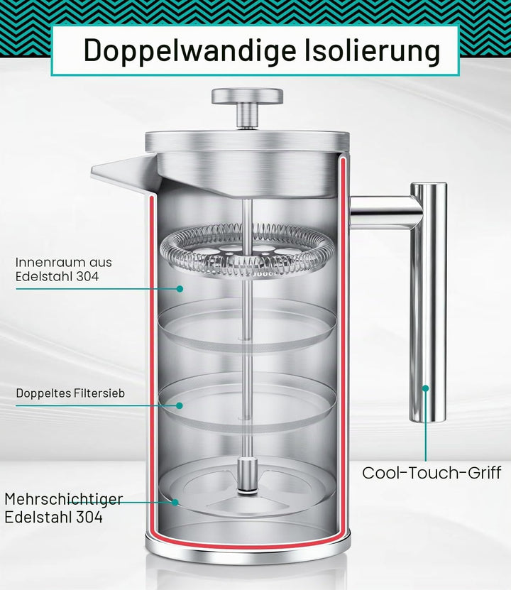 Coffee Gator French Press Kaffeebereiter - Thermo-Kaffeekanne aus Edelstahl für länger heissen Kaffe