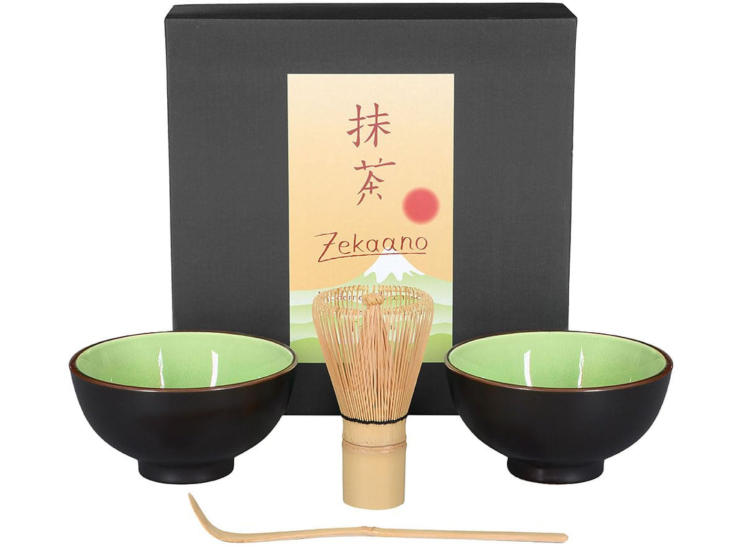 Matcha-Set 4-teilig, sommergrün, bestehend aus Matcha-Schale, Matcha-Löffel, Matcha-Besen (Bambus) u