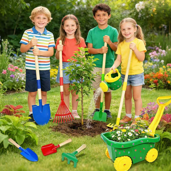 Schubkarre für Kinder, 13 Gartenwerkzeug Set für Kinder, Gartenset mit Schubkarre Kind, Kinderschubk