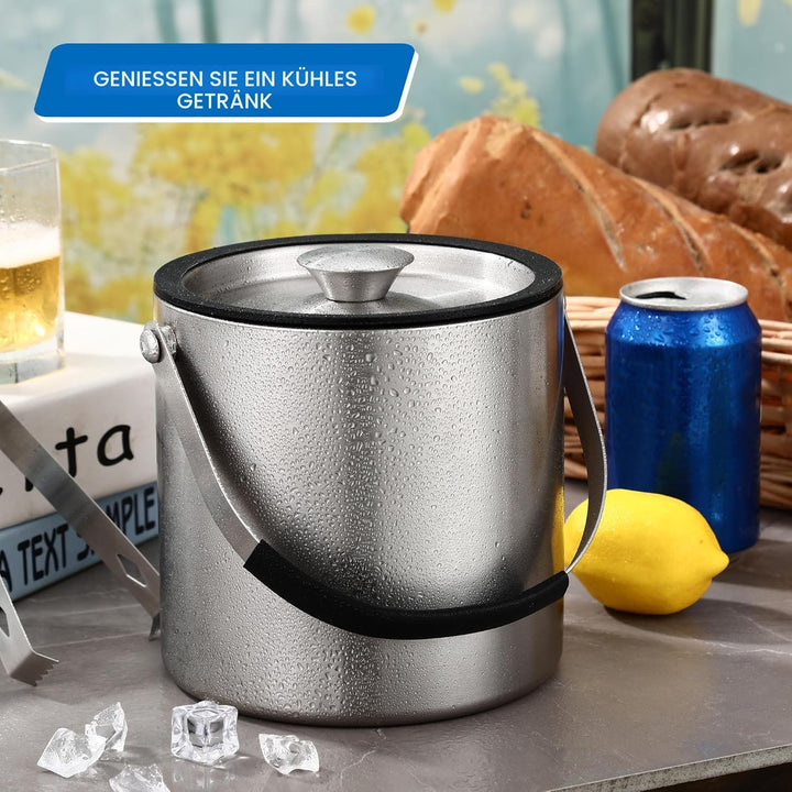 2L Eiswürfelbehälter, Eiskübel mit deckel,Eiswürfelbehälter Edelstahl mit Clips und Sieb, perfekt zu