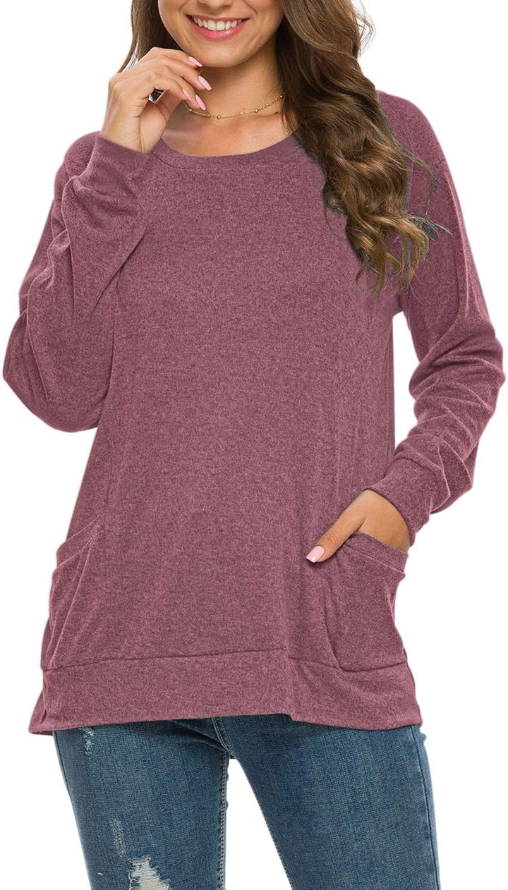 AUSELILY Damen Langarmshirts Rundhals T Shirts Blusen Tunika Sweatshirt Pullover Mit Taschen Weinrot