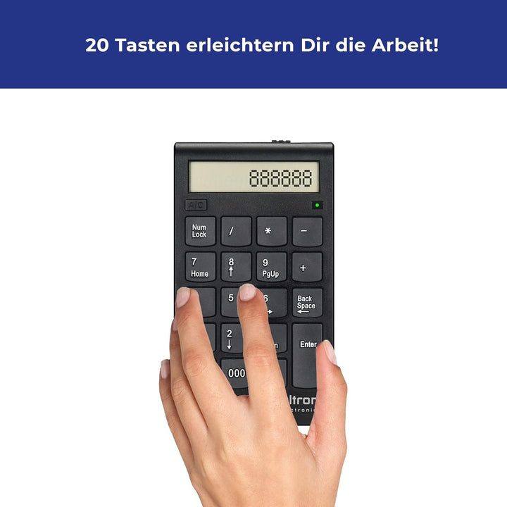 Ultron 364181 UN2 Ziffernblock, 2,4 GHz Taschenrechner USB Ziffern-Block Kabellos, Numpad Wireless m
