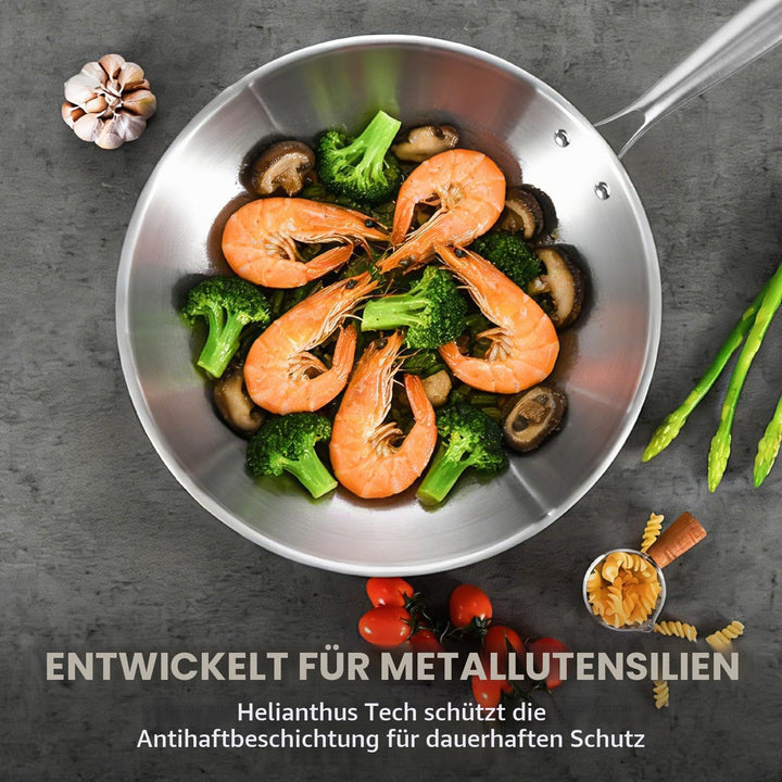 Inqibee Wokpfanne Edelstahl 28 cm mit Deckel, Unbeschichtete Wok Pfanne für Induktion &amp; Gasherd, Ede