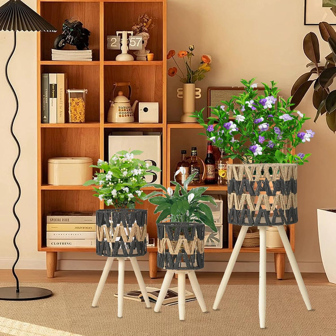 Tissting Pflanzenständer Imitation Rattan Blumenständer, 3er Set Holz Dreieck Blumenhocker Pflanzenh