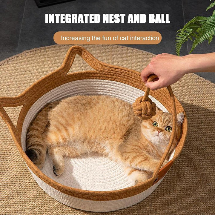 Katzenbett aus Baumwollseil, gewebtes Katzenbett mit Kratzball, Spielzeug, Schlafnest, Kratzmatte fü