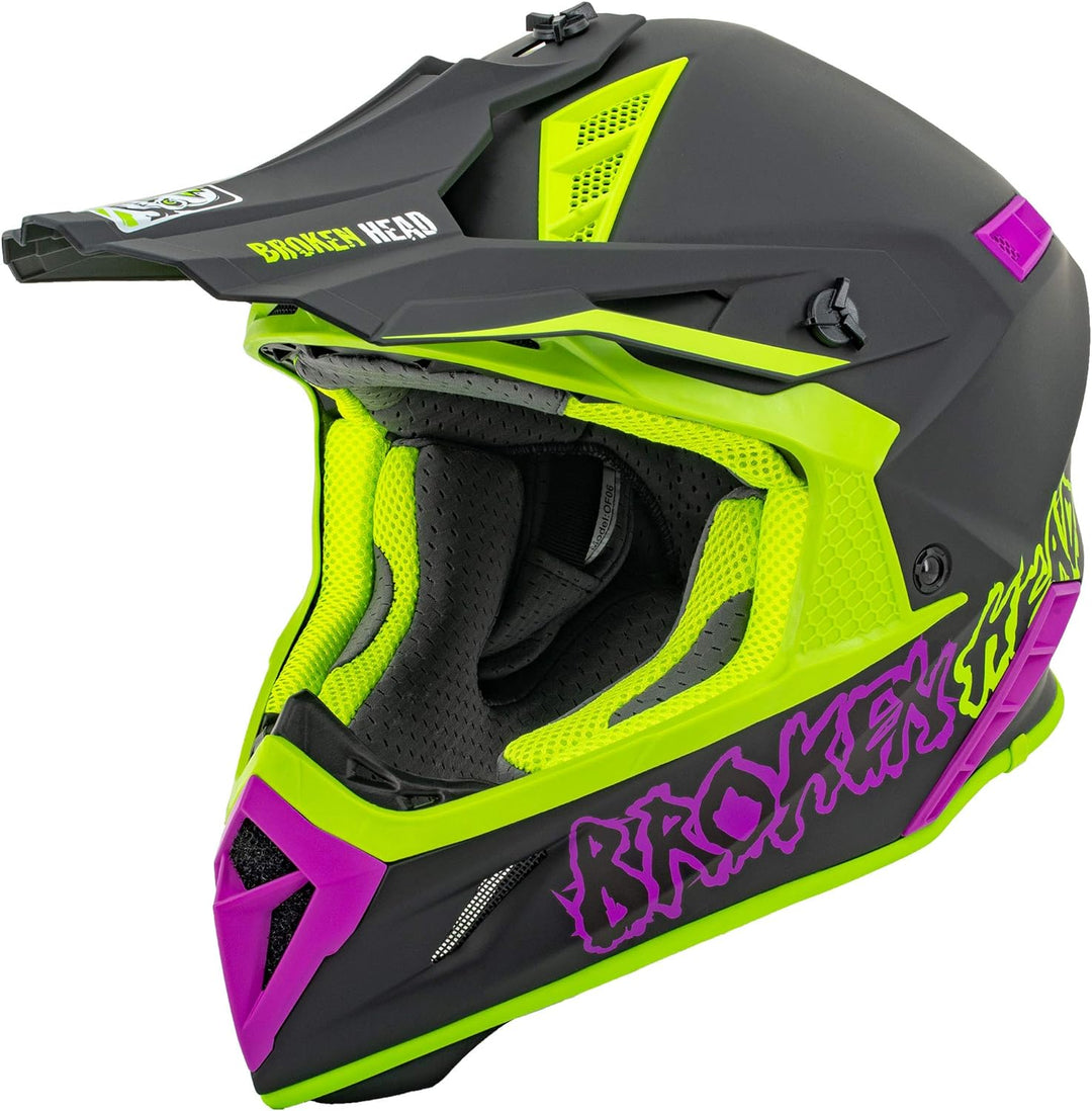 Broken Head MX Motocross-Helm The Hunter Light Grün-Pink – sehr Leichter Profi Cross-Helm XXL 63-64,