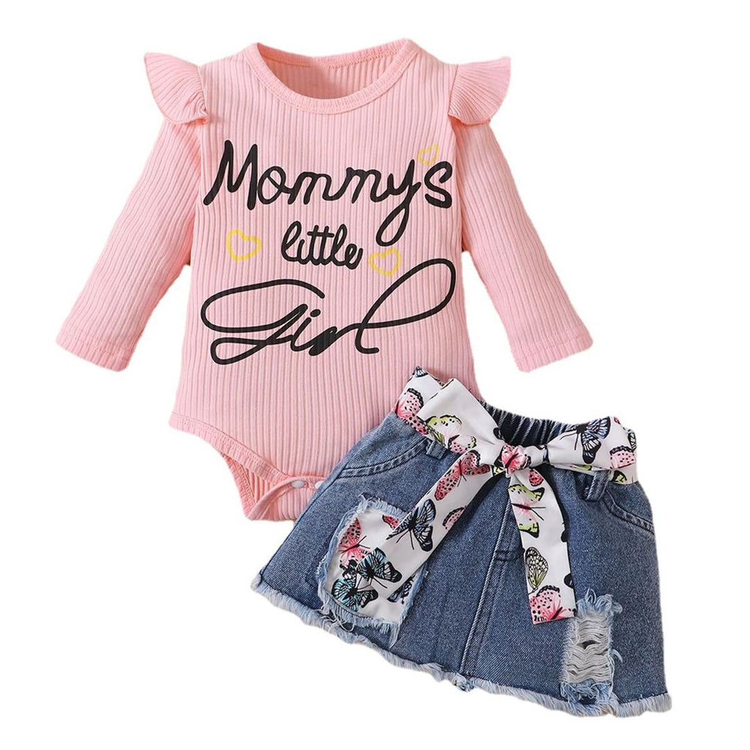 Vestiti Set per Neonata Manica Corta/Lunga Stampa a Lettere Tutina a Coste +Gonna in Denim Abbigliam