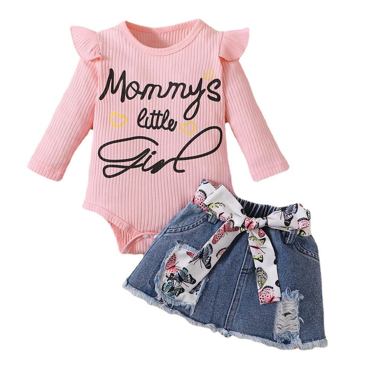 Vestiti Set per Neonata Manica Corta/Lunga Stampa a Lettere Tutina a Coste +Gonna in Denim Abbigliam