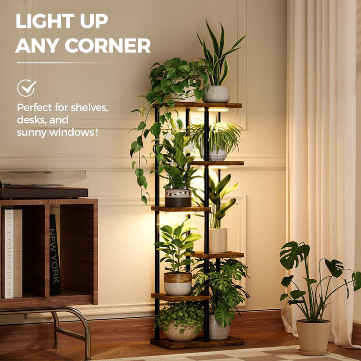 Bamworld Pflanzenregal Indoor mit LED-Wachstumslicht, 6 Ebenen Blumenständer Holz & Metall, Mehrstöc