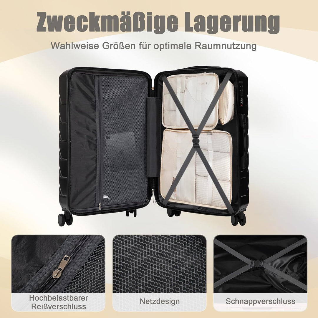 Hartschalen-Koffer Trolley Handgepäck Rollkoffer, Reisekoffer Set mit 4 Rollen, 4er Gepäckset Schwar