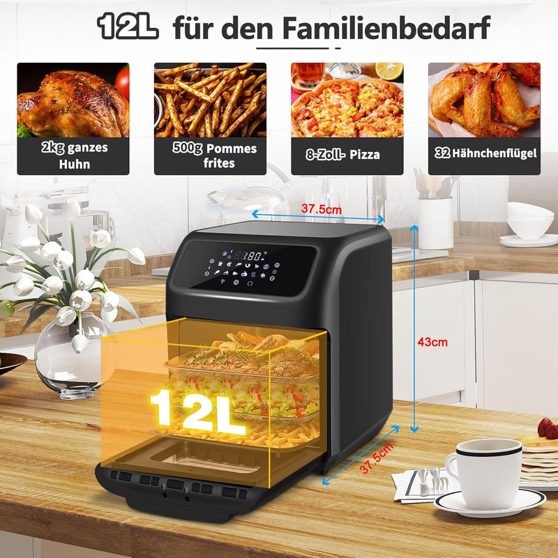 LLIVEKIT Heissluftfritteuse Heissluft-Backofen 12L, Mini-Backofen 1800W mit 6 Zubehör & Rezeptbuch,