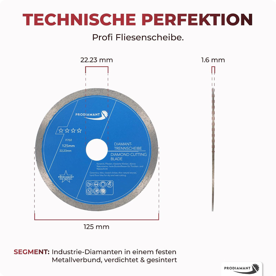 PRODIAMANT Profi Diamant-Trennscheibe PRORIM 125 mm x 22,23 mm kein ausbrechen bei glasierten Fliese