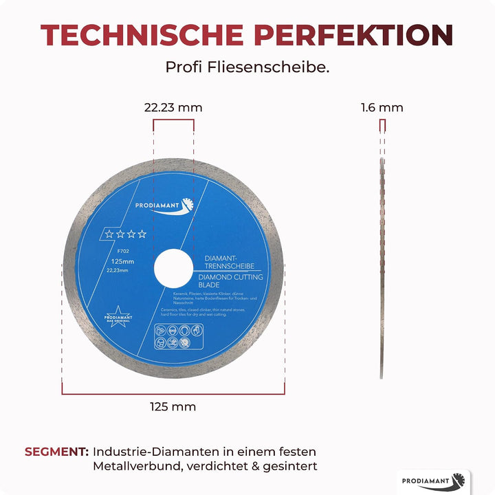 PRODIAMANT Profi Diamant-Trennscheibe PRORIM 125 mm x 22,23 mm kein ausbrechen bei glasierten Fliese