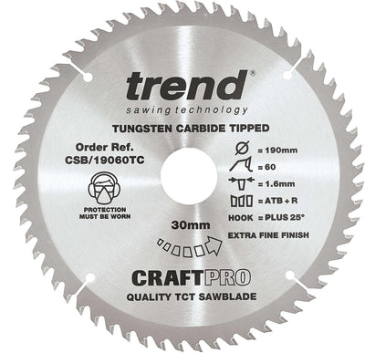 Trend CraftPro Dünnschnitt-TCT-Kreissägeblatt, 190mm Durchmesser x 60 Zähne x 30mm Bohrung, Hartmeta