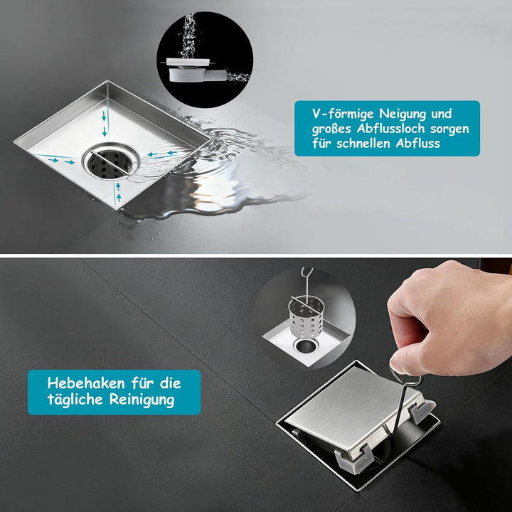 10x10cm Quadratischer Bodenablauf mit 360°Siphon - 2 in 1 Befliesbar Ablaufrinne Duschablauf, 2 Abla