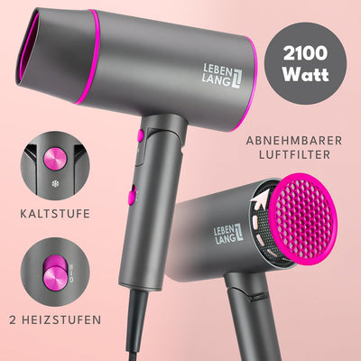 LEBENLANG Föhn Ionen 2100W - Anti-Spliss mit Kaltluft Modus | Reisefön klappbar | Haartrockner Hair