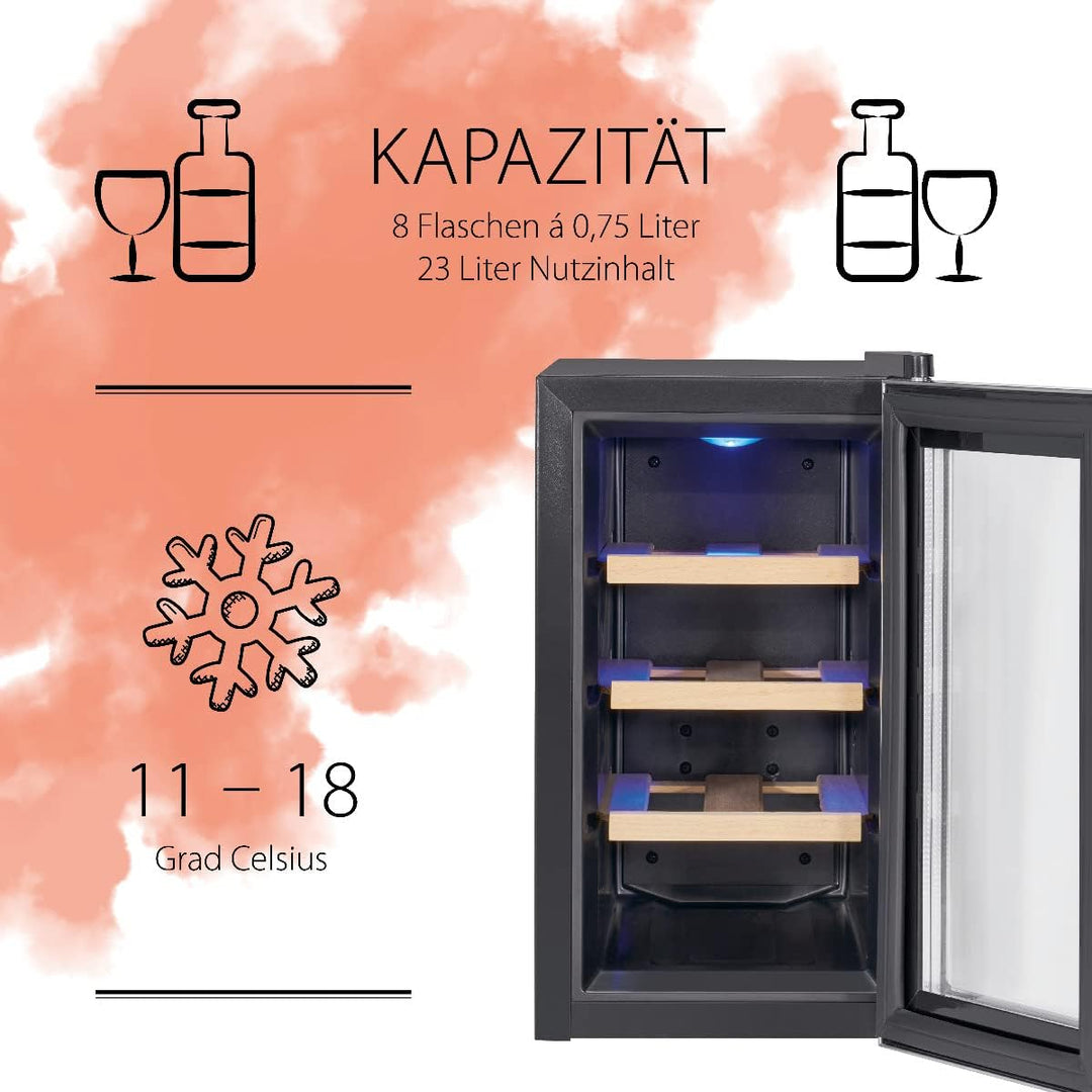 ProfiCook® Weinkühlschrank für 8 Flaschen, Getränkekühlschrank mit UV-beständiger Glastür, Weinkühle