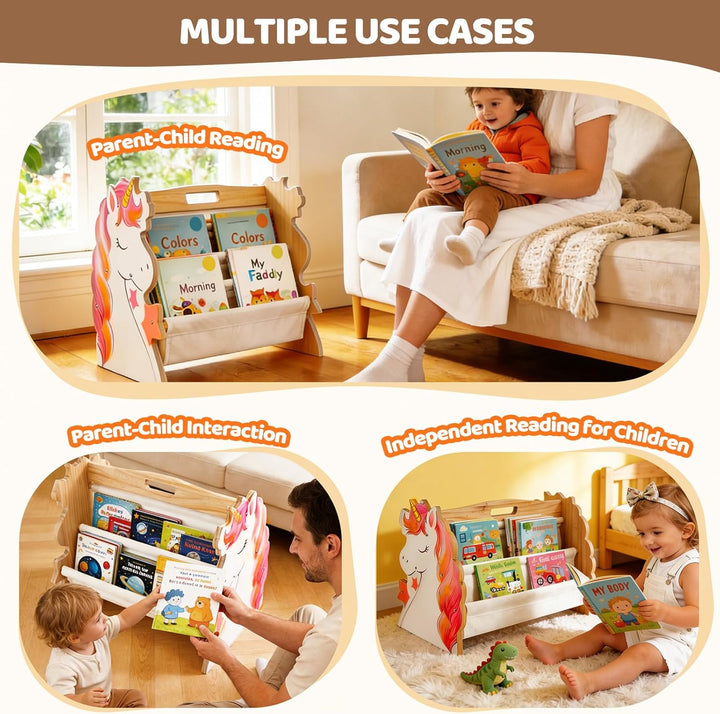 Bücherregal Kinder, Montessori Kinder Buchständer aus Holz mit 4 Ablagen, Kinderregal für Buchaufbew