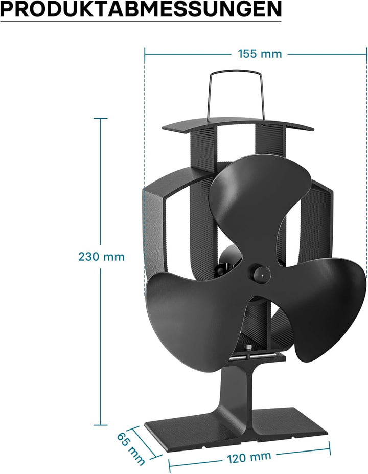 Wiltec Kaminofenventilator mit 3 Blätterm 50 bis 300°C, Ofenventilator ohne Strom, Kaminventilator f