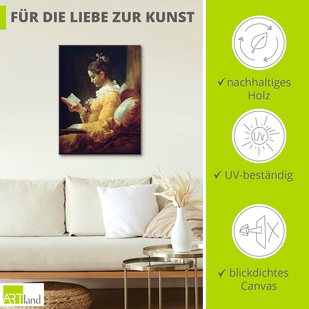 ARTland Leinwandbild Wandbild Bild auf Leinwand 60x80 cm Wanddeko Frau Buch Ruhe Lesendes Mädchen 17