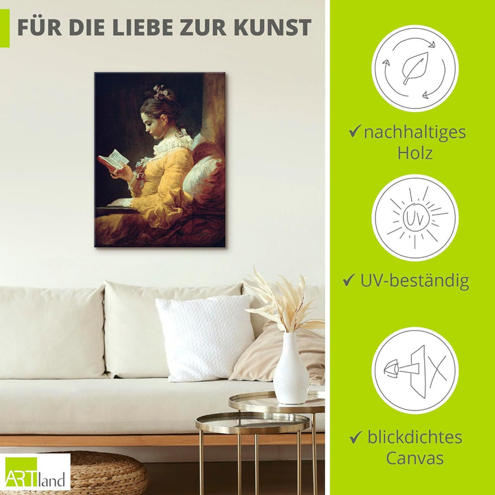 ARTland Leinwandbild Wandbild Bild auf Leinwand 60x80 cm Wanddeko Frau Buch Ruhe Lesendes Mädchen 17