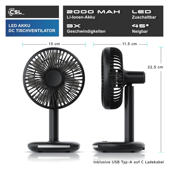 CSL - Tischventilator mit Akku 2000 mAh - USB Mini Desk Fan - Schreibtischventilator - 90° neigbar -