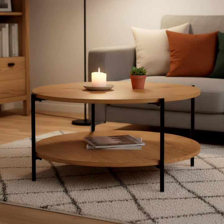 CLP Couchtisch rund Holz Edduma, Sofatisch 2 Ebenen mit Stauraum, Beistelltisch klein Metallgestell