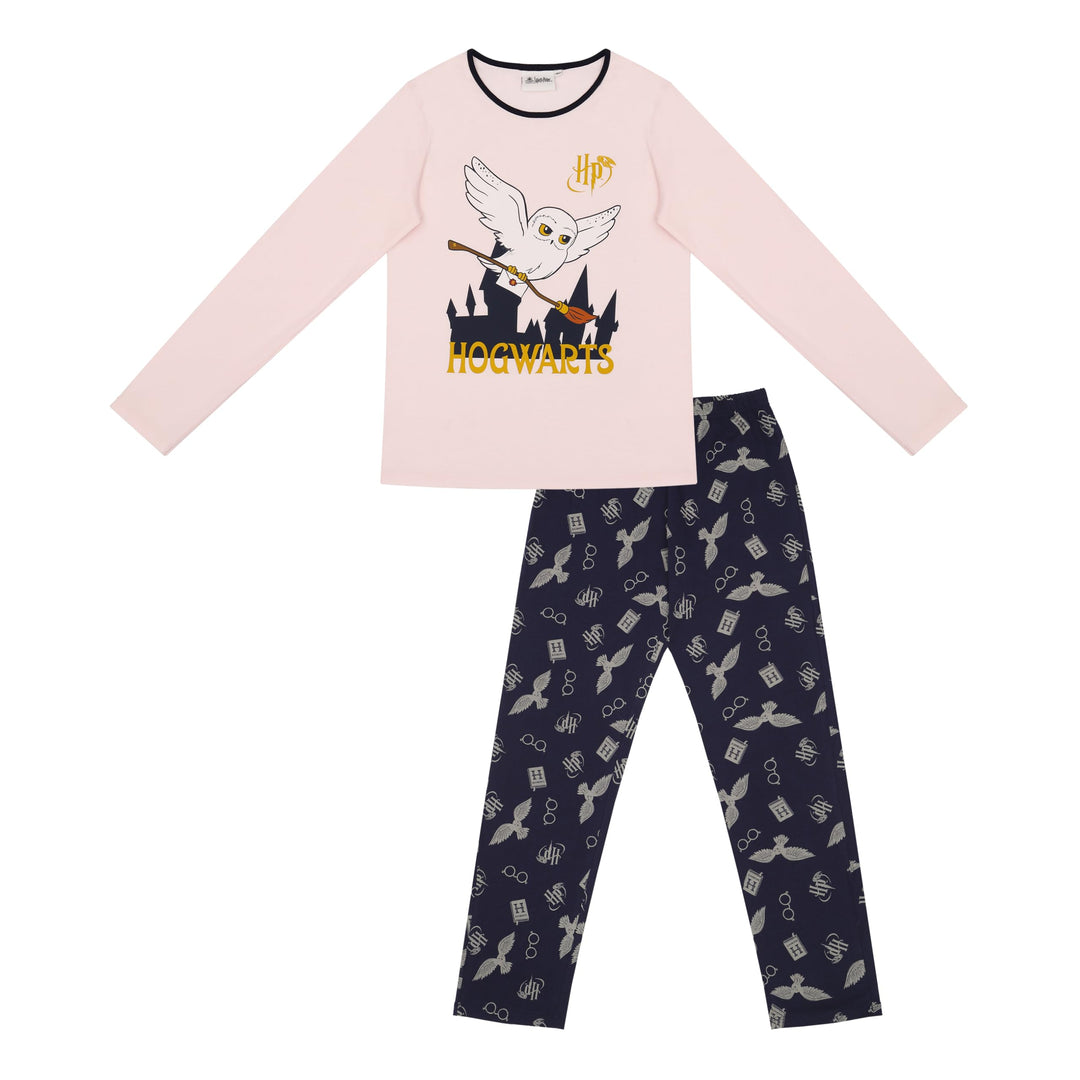 Harry Potter Mädchen Pyjama lang Schlafanzug, Pyjama, Hedwig, Hogwarts Zauberer, Langarm, Baumwolle,