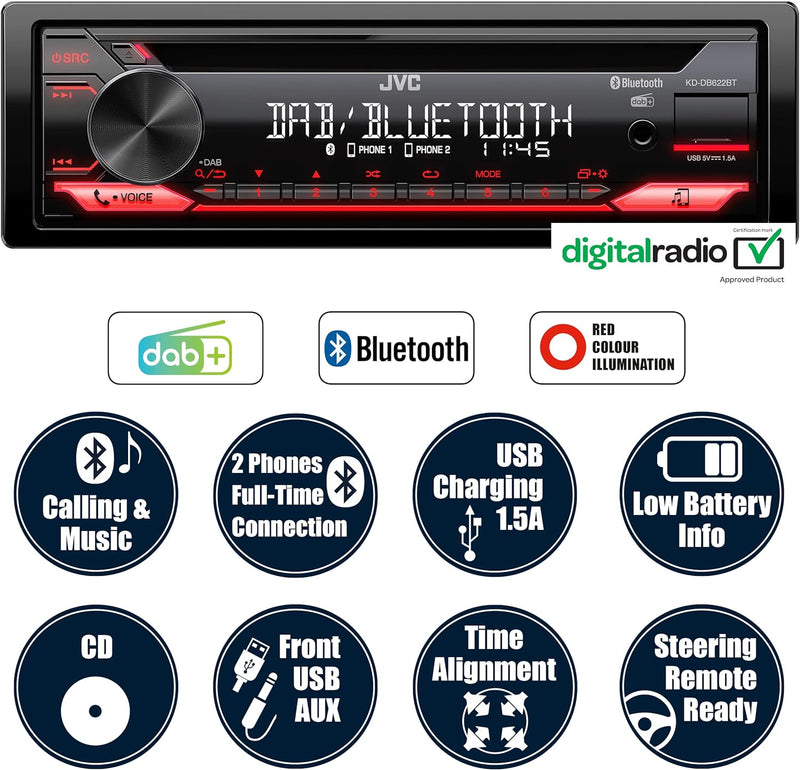 JVC KD-DB622BT CD-Autoradio mit DAB+ und Bluetooth Freisprecheinrichtung (Soundprozessor, USB, AUX-I
